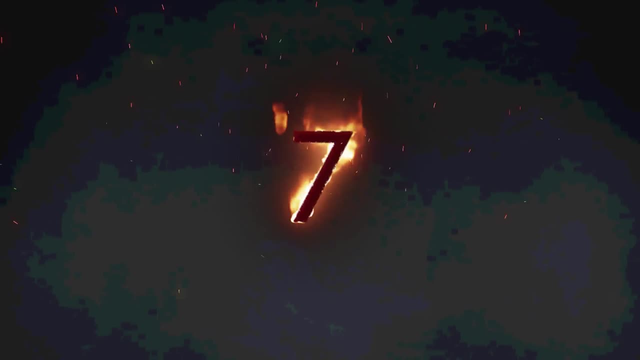 어두운 배경 위에서 불타는 불꽃에서 7 텍스트의 애니메이션