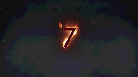 animation of 7 text in burning flames over dark background