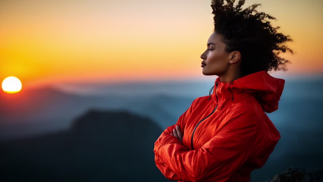A Strong Woman Embracing Nature's Beauty as the Sun Sets, Capturing the Essence of Adventure and Reflection in Majestic Landscapes