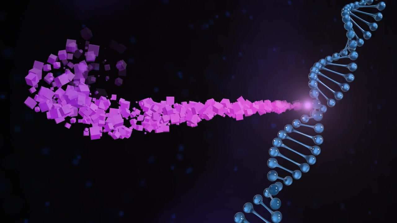 Animazione di un filamento di DNA che ruota e di elaborazione dati medici.