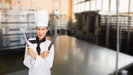 animation of asian female chef over empty kitchen