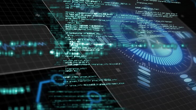 Animasjon av grensesnitt med rund skanner og databehandling mot svart bakgrunn