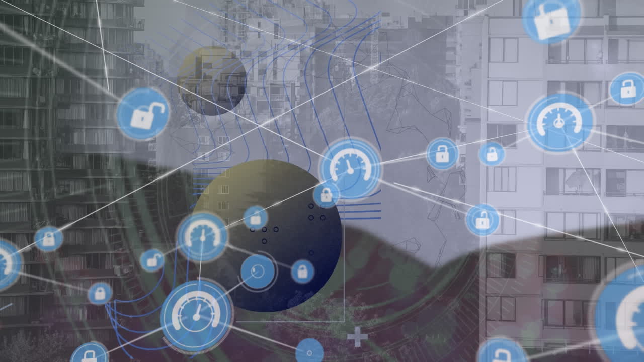 анимация подключенных замков и икон спидометра, глобусов и абстрактных рисунков над зданиями