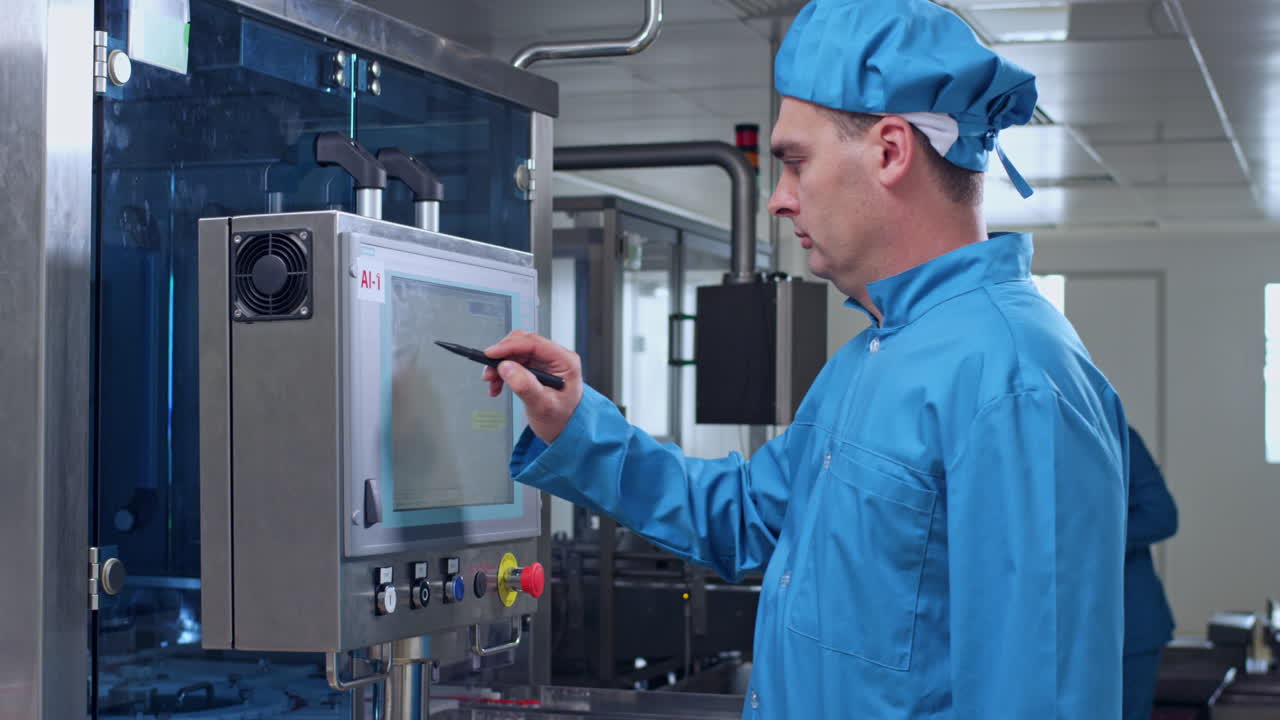 trabajador farmacéutico que opera equipos farmacéuticos en una fábrica de farmacias