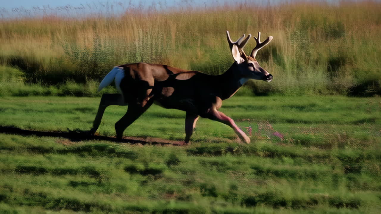 Deer Running Through Grassy Field