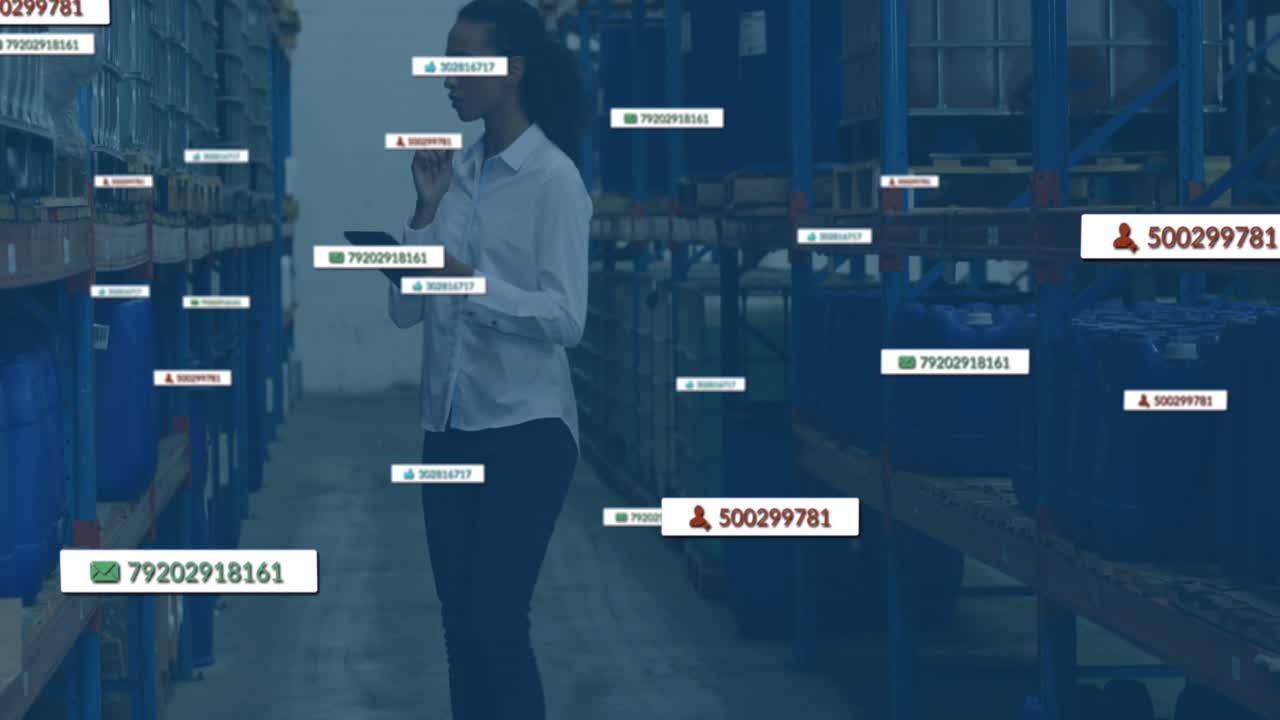 Manager entering warehouse aisle using tablet tapping bins for inventory tracking via data overlays