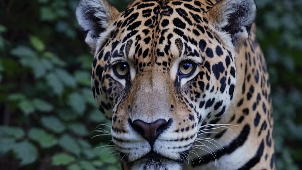 Close-up video of a jaguar in the wild, captured at eye level. The focus is on its intense gaze