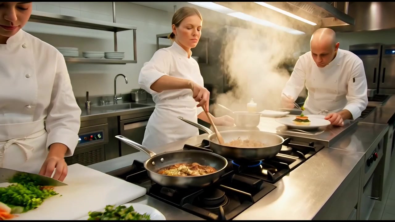Chefs Profissionais Preparando Refeições Gourmet em uma Cozinha Comercial