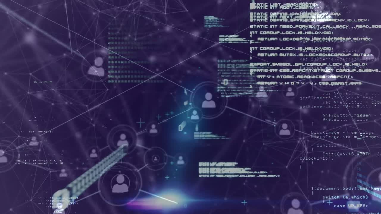 Animation of network of connected people icons with information and data processing on black