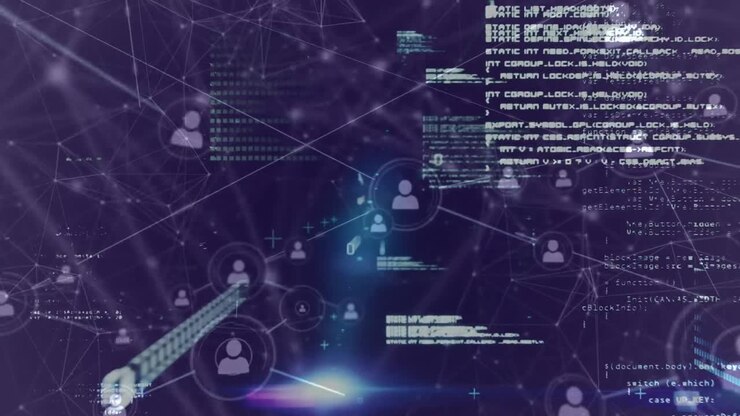 Animation of network of connected people icons with information and data processing on black