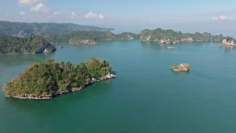 Los-Haitises-National-Park-With-Islands-And-Rich-Tropical-Forest-In-Dominican-Republic---aerial-drone-shot