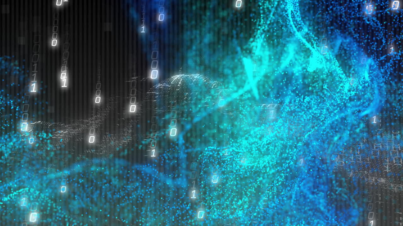 Glowing binary digits streaming over 3D turquoise particle cloud, showing digital network motion