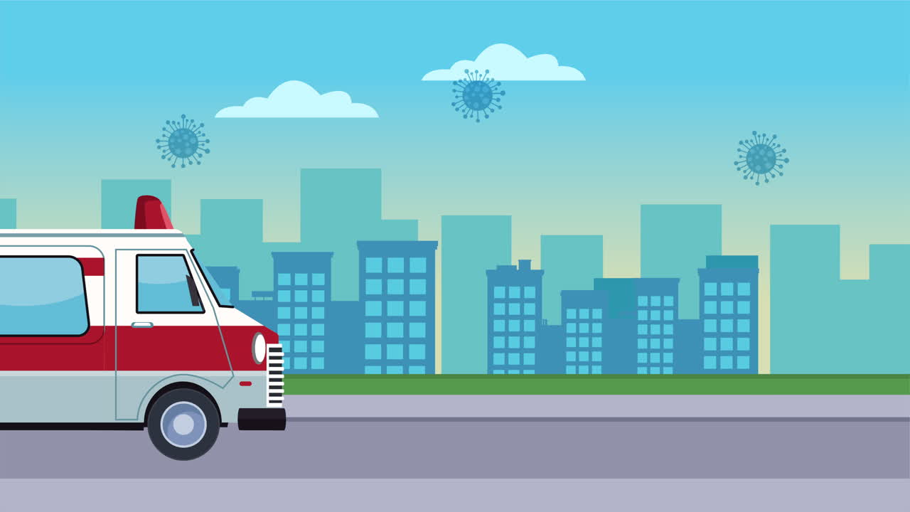 코로나19 입자가 있는 구급차가 도시를 향해 달려오고 있다.