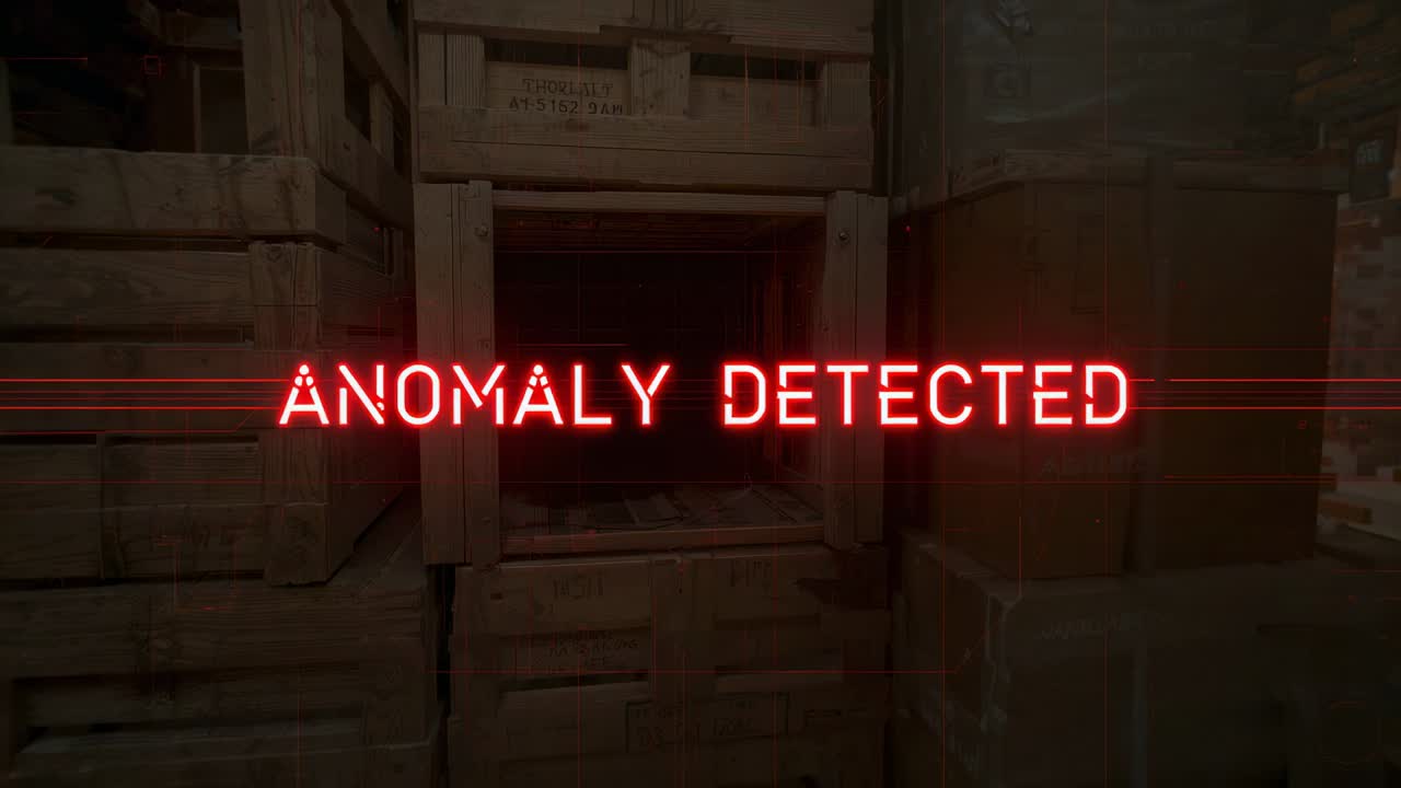 Scanning unit flagging anomaly in storage showing red ANOMALY DETECTED over crates with open cavity