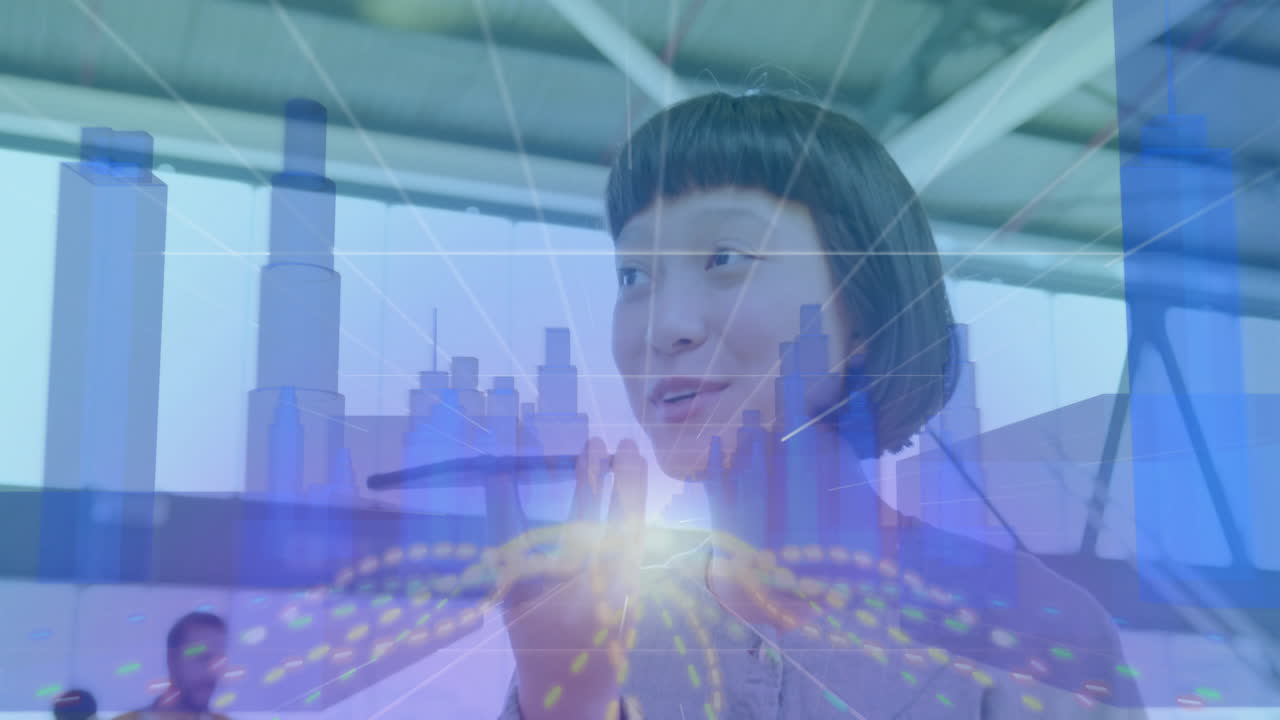 Woman interacting with futuristic cityscape animation overlay in modern setting