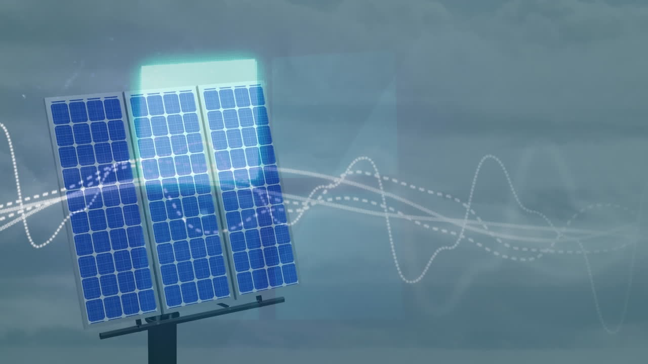 анимация световых следов и неоновых квадратных форм над солнечными панелями на фоне серого неба.