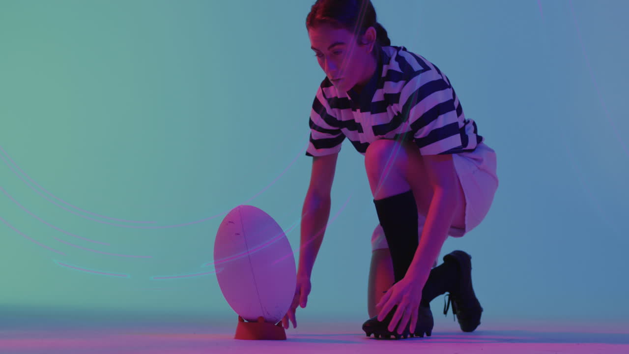 animación del procesamiento de datos sobre una jugadora de rugby caucásica.