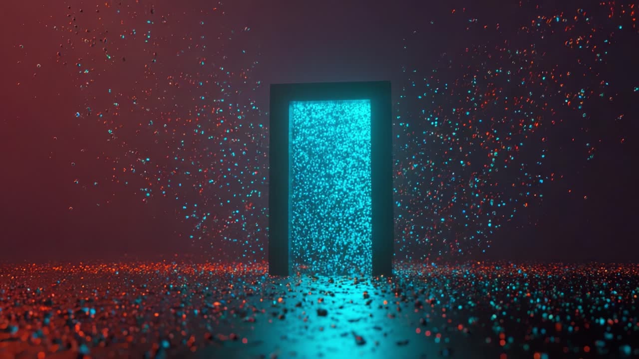A Captivating Visual of an Open Door Amidst a Cascade of Colorful Particles, Signifying New Beginnings and Endless Possibilities in a Captivating Fantasy Setting