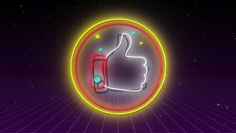 animation of flickering neon digital thumbs up like icon in a glowing circle