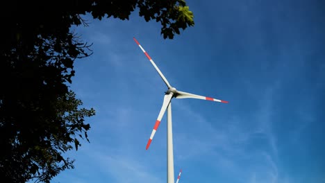 Low-angle-shot-of-wind-turbines-working-and-generating-green-electric-energy-behind-the-green-tree-in-a-wind-farm-under-blue-sky-on-a-sunny-day