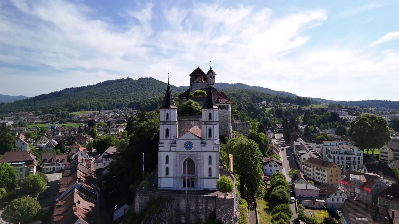 Aarburg Aargau Switzerland heritage castle above the village aerial drone Europe