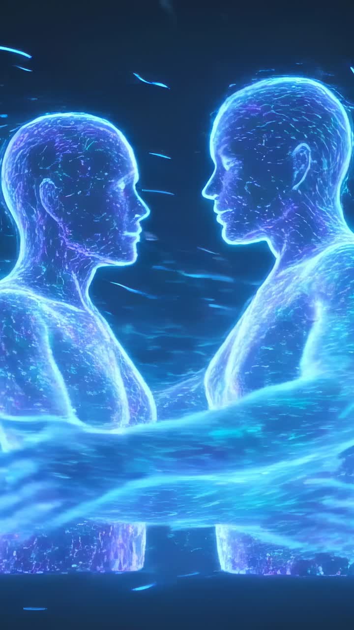 Flussi blu che si muovono attirano due avatar nel vuoto che si avvicinano, unendosi per mano e formando un legame energetico.