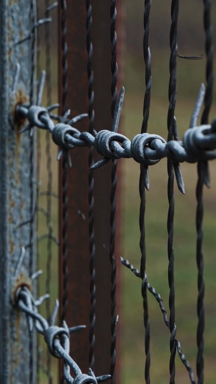 Close-up of Rusty Barbed Wire on a Metal Fence