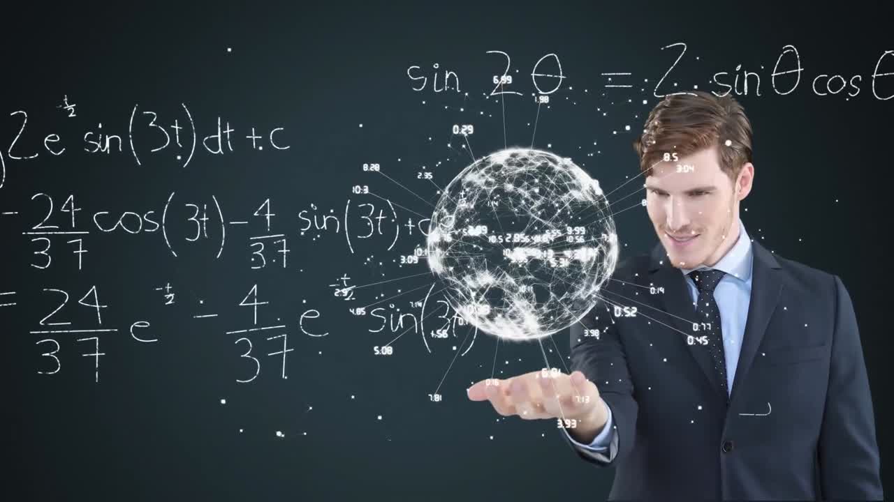 수학 공식 아이콘과 함께 네트워크와 함께 3d 지구촌 모델을 제시하는 백인 남자의 애니메이션