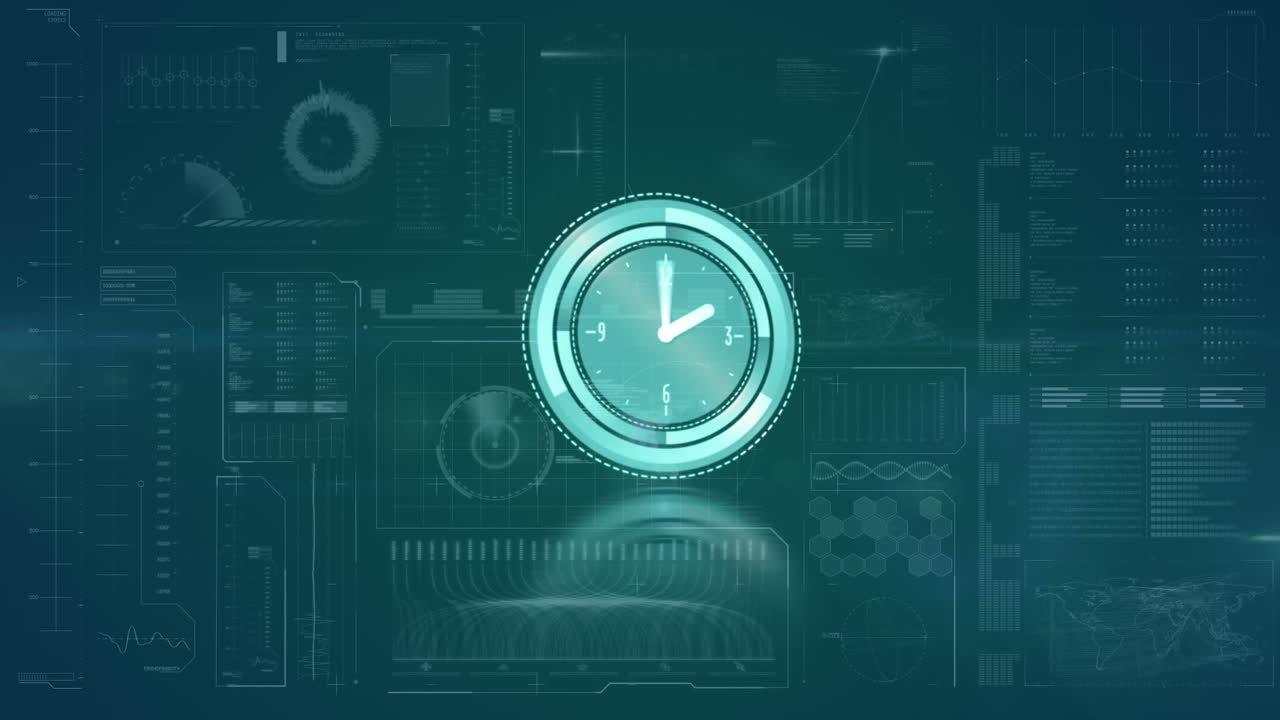 Animazione di orologio in rapido movimento, elaborazione di dati e statistiche sullo schermo
