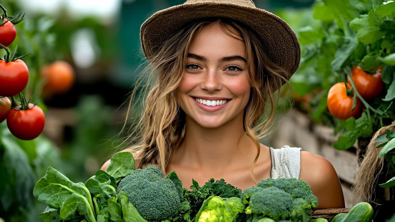 Mujer sonriente con verduras frescas. Una mujer está de pie en un jardín rodeada de plantas verdes y tomates maduros