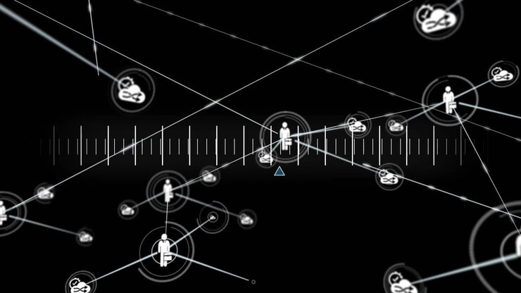 Animation of network of connections with people icons over black background