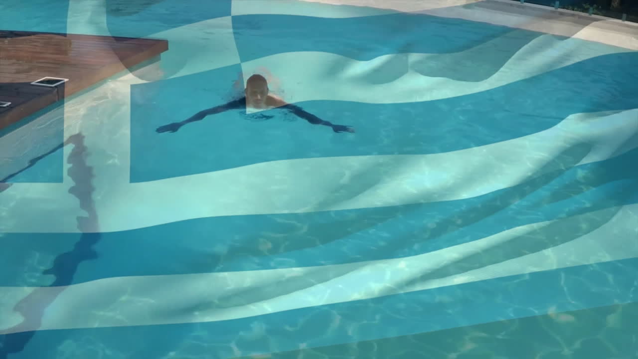 Person schwimmt im Pool, mit einem animierten Overlay eines abstrakten blauen Wellenmusters.