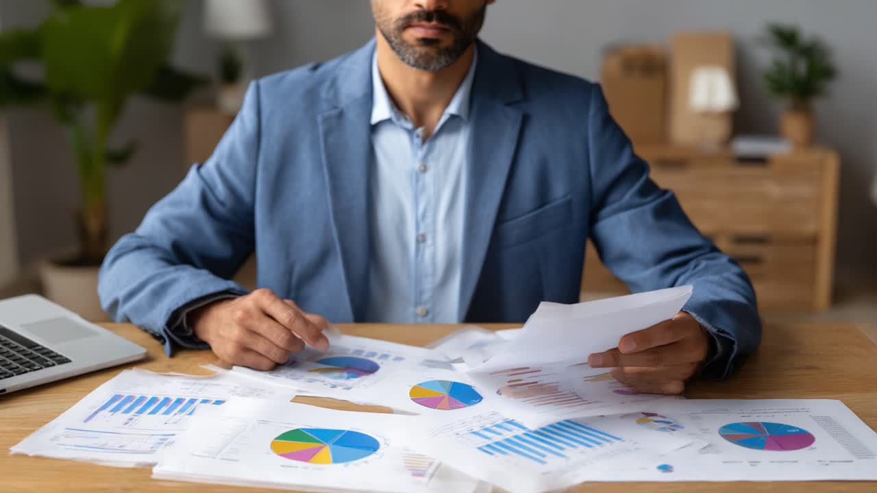 Un professionista valuta report finanziari dettagliati e grafici mentre analizza i trend dei dati per il processo decisionale strategico in un moderno ambiente d'ufficio