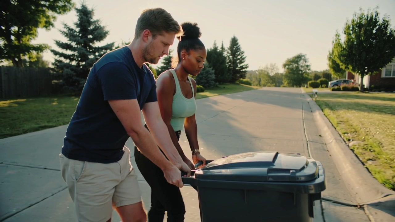 Grabbing handles, pair in navy and green pushing bin along suburban street to curb for pickup