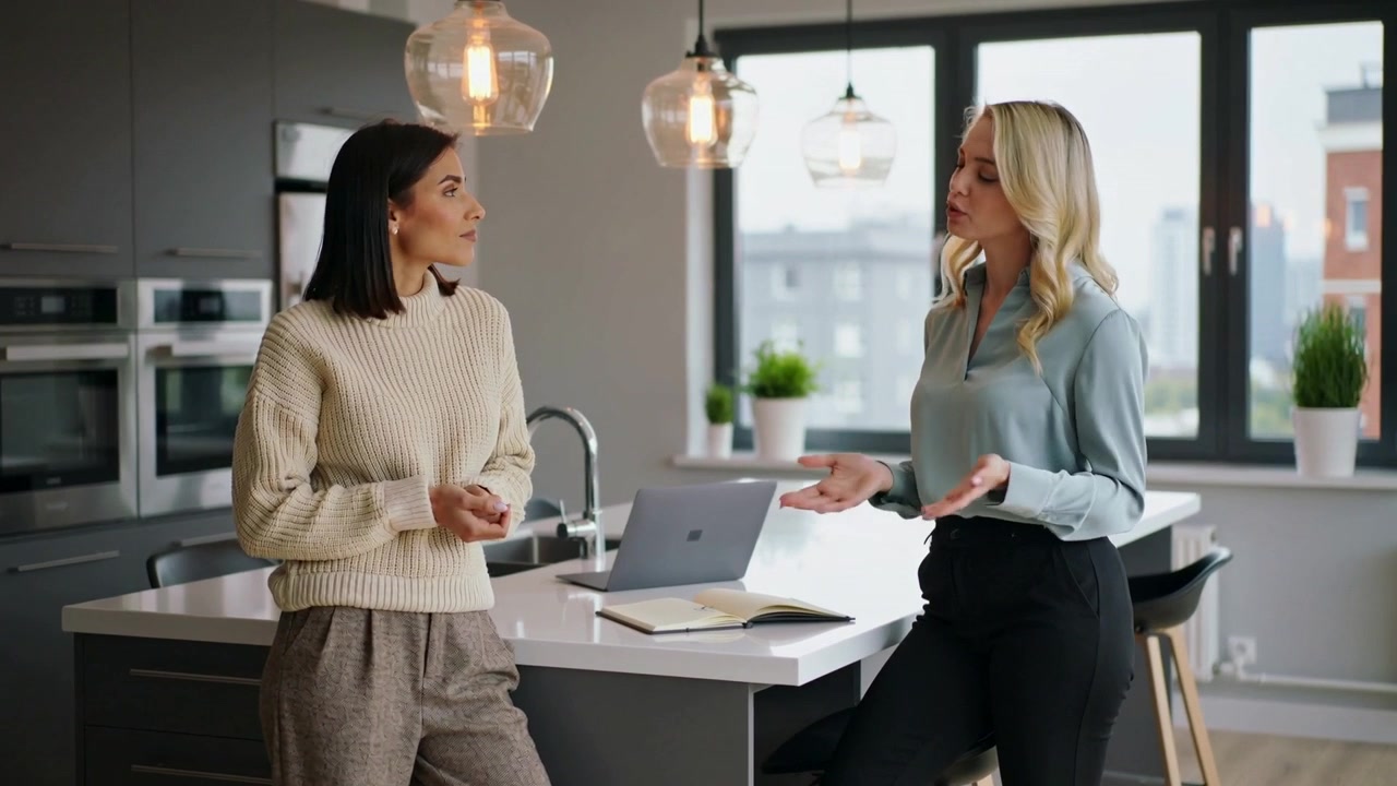 Kvinder i smarte outfits diskuterer ved et mødebord, gestikulerer om et projekt, mens en laptop og notesbog sætter gang i samtalen.