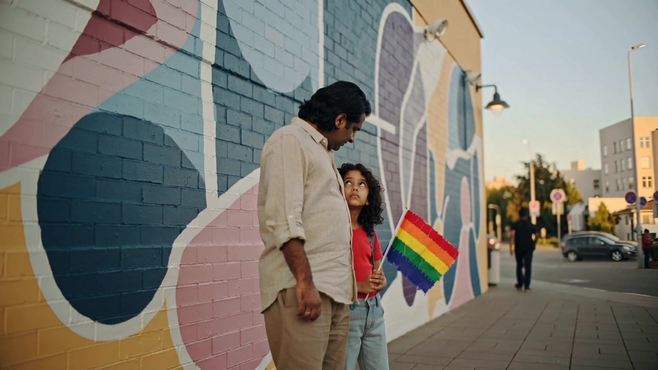 Bambino che tiene una bandiera arcobaleno e guarda, con il padre appoggiato a un murale che gli spiega la bandiera, spazio per il testo.