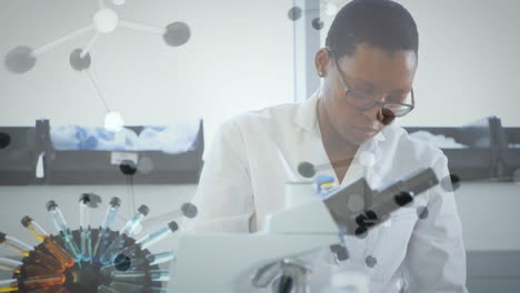 Animation-of-chemical-molecules-over-african-american-female-scientist-taking-sample-in-lab