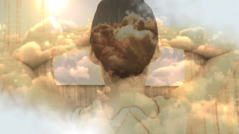 nubes y luz del sol sobre la persona estirándose y sosteniendo el cuello