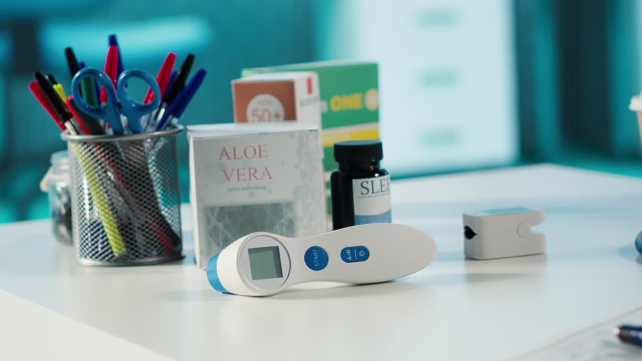 An office desk with medical and office supplies