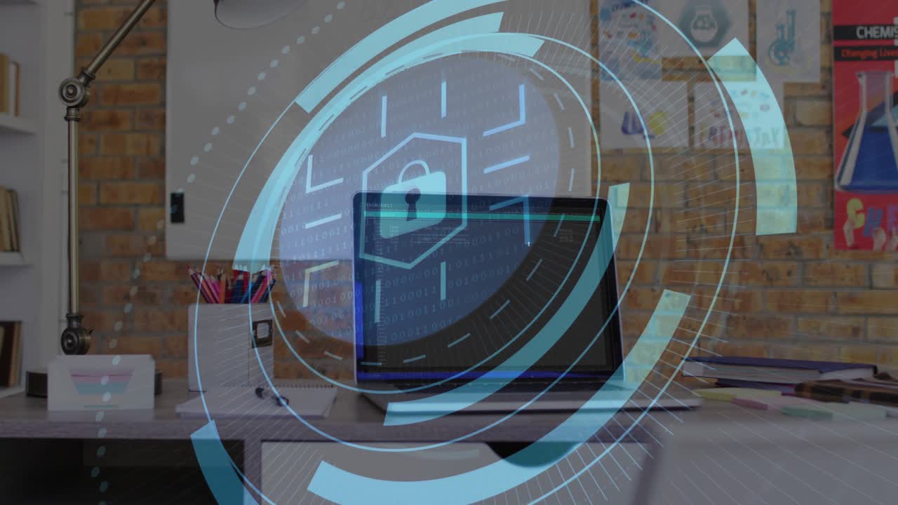 Scintillii che appaiono intorno a un laptop chiuso, anelli che si sollevano con un lucchetto che emerge e ruota, mettendo in sicurezza il laptop.