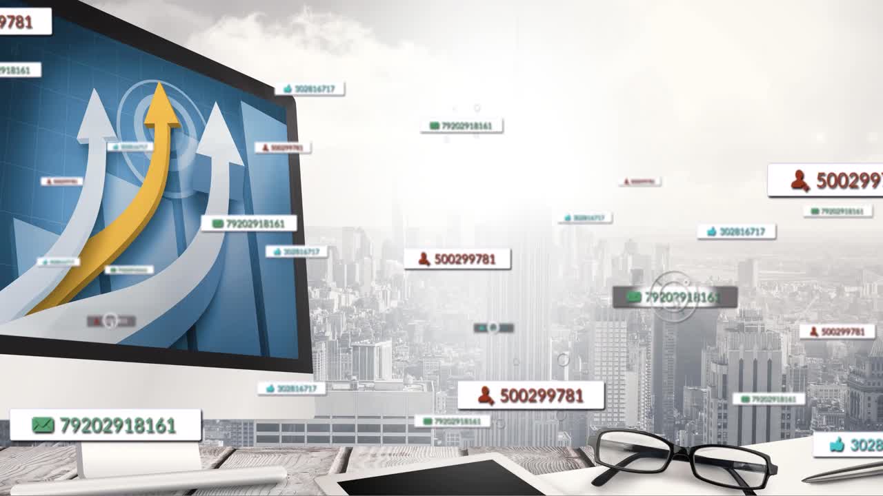 사무실 및 도시 풍경 위의 미디어 아이콘의 애니메이션