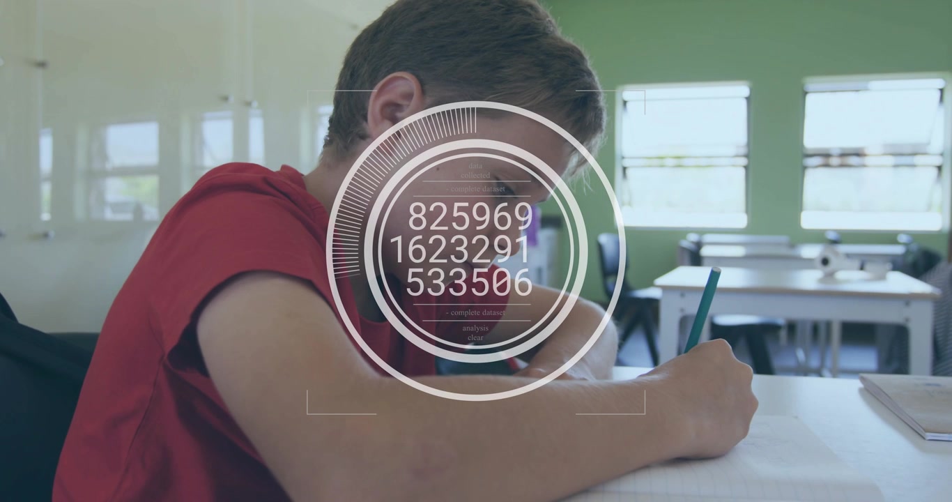 Boy leaning forward, writing work in class, HUD centering on hand on leaning and updating numbers