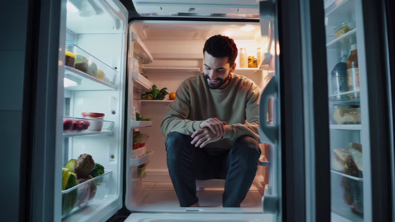 Person sitting inside of a refrigerator at night
