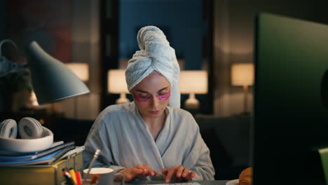 creative copywriter working computer at home. woman preparing report remotely