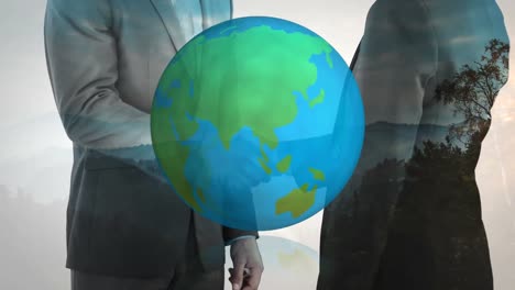 animation of globe over businesswoman handshake