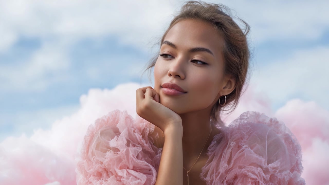 Ritratto accattivante di una giovane donna che sogna in un cielo nuvoloso, che mostra intricati tessuti rosa e un'espressione serena che riflette contemplazione e bellezza.