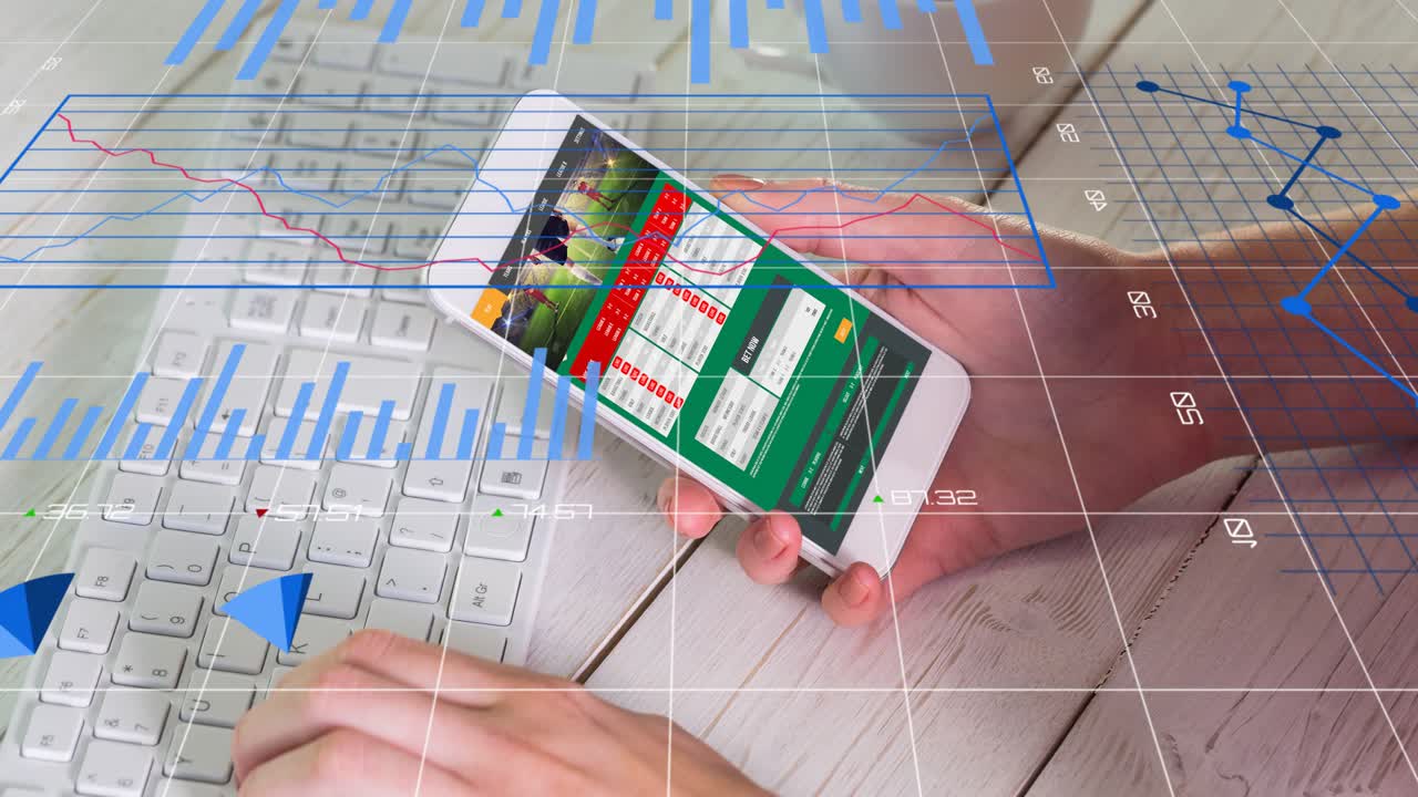 Hand reaching phone screen scrolling and tapping with blue charts morphing to show betting stats