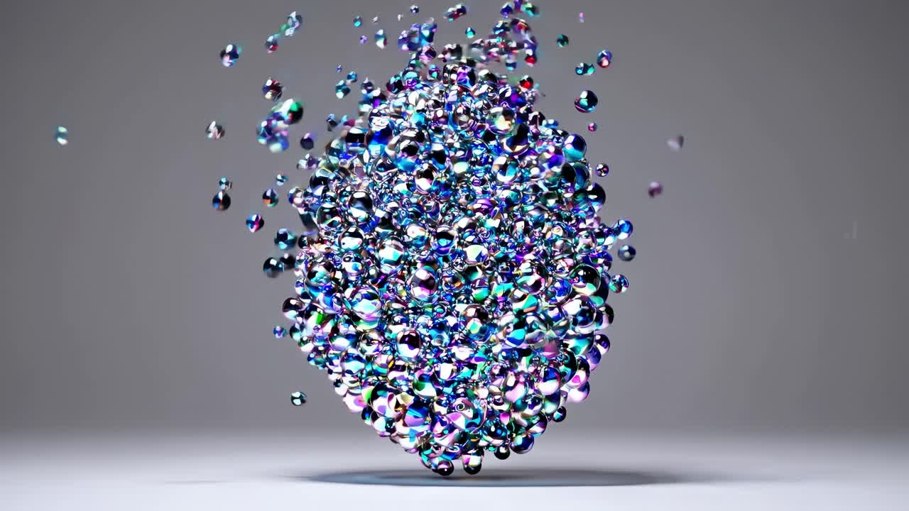 A cluster of colorful iridescent metallic spheres floating in gray space creating a dynamic and abstract visual effect