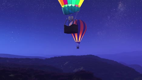 Colorful,-glowing-hot-air-balloons-flying-over-the-mountains-during-a-night.-Three-large-multi-colored-vibrant-balloons-slowly-rising-against-a-dark-sky-with-stars.-Travel,-adventure,-festival.