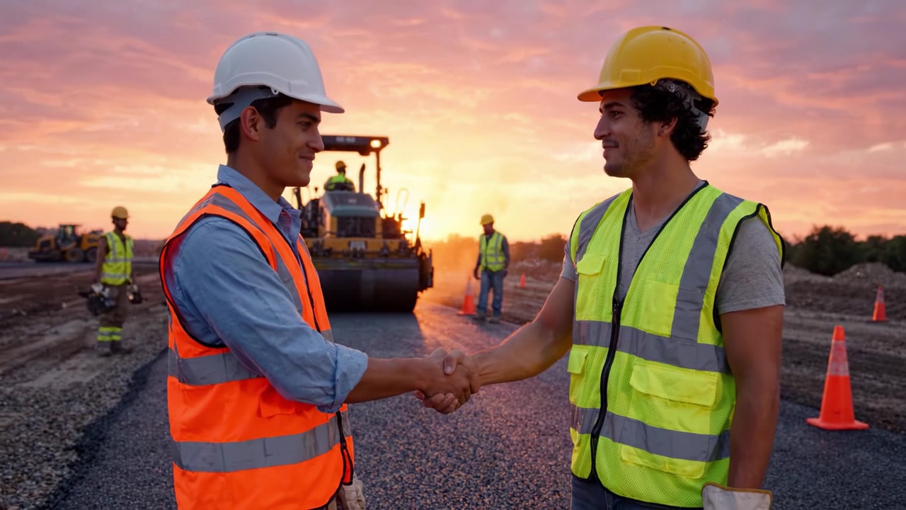 Two Construction Workers Engaging in a Friendly Conversation at Sunset on a Roadwork Site, Showcasing the Importance of Teamwork in Construction.